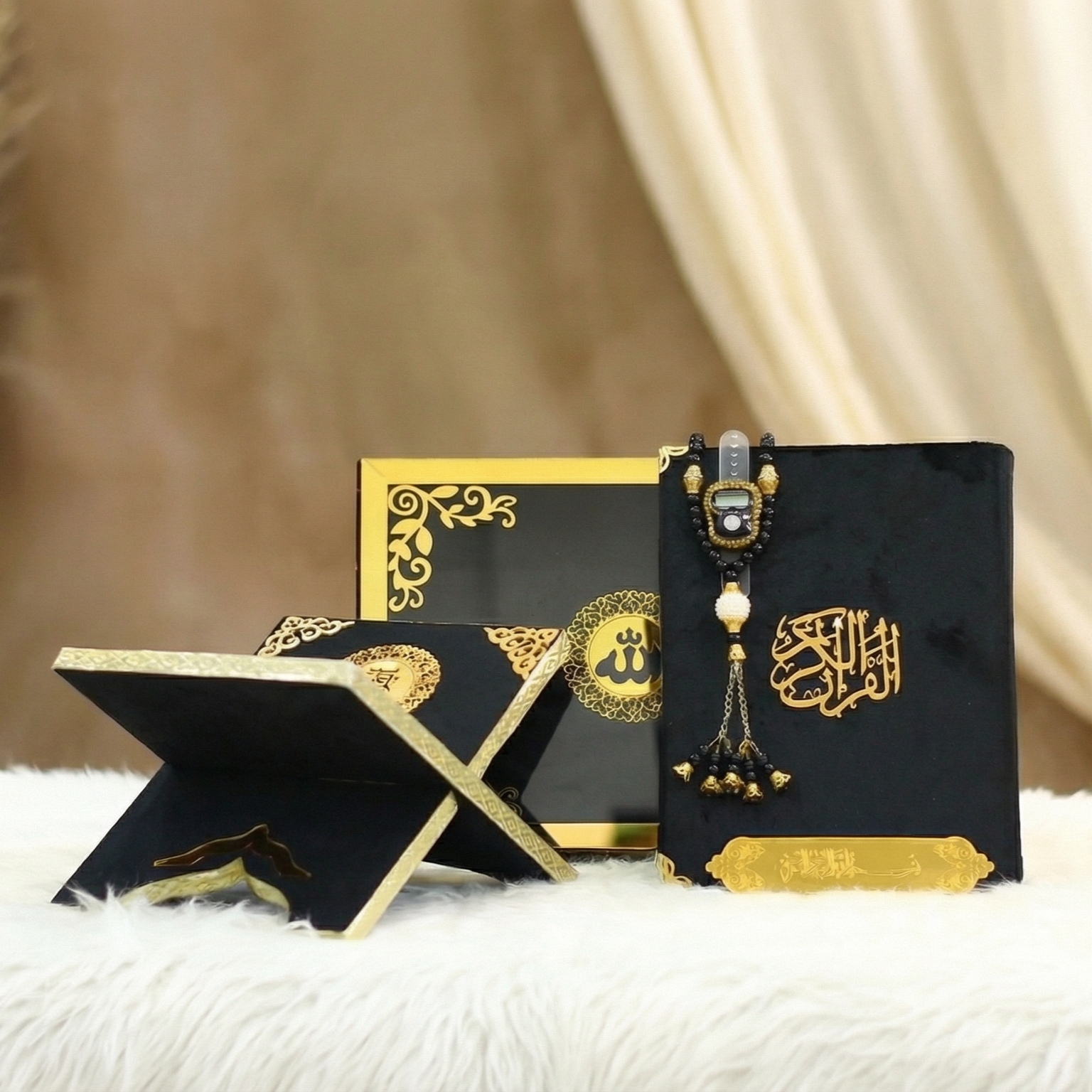 Premium Velvet Fur Quran Case Set – Fur Rehal with Digital Counter & Tasbeeh